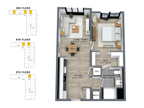 Floor plan for 1 bed, 1 bath, 709 sqft